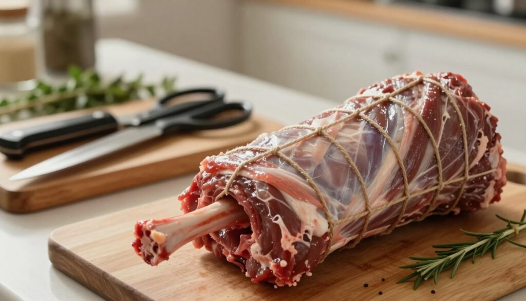 A beautifully arranged scene of a lamb roast being prepped for cooking, prominently featuring butcher twine carefully tied around the meat for even cooking. In the foreground, focus on the glistening cut of lamb, showcasing textures of the meat and the rustic twine cradling it. In the middle, a wooden butcher block displays essential tools like a sharp knife, culinary scissors, and scattered herbs. The background offers a soft-focus kitchen setting bathed in warm, natural light, enhancing the homely atmosphere. The image should be shot from a slightly elevated angle to capture the details clearly, evoking a sense of culinary artistry and inviting viewers into the preparation process.
