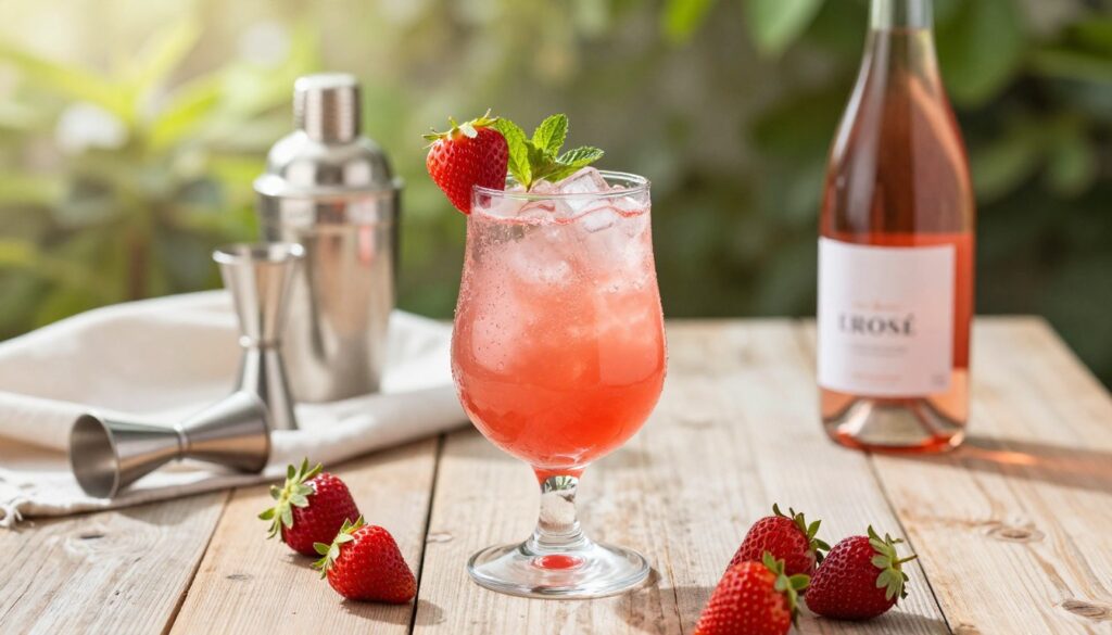 A beautifully arranged scene showcasing a basic frosé recipe on a rustic wooden table. In the foreground, a chilled glass filled with a vibrant pink frosé drink garnished with fresh strawberries and mint leaves, condensation glistening on the glass. A small bowl of additional strawberries on one side and a bottle of chilled rosé wine on the other side enhance the composition. In the middle ground, soft-focus elements include a light-colored tablecloth and a set of cocktail-making tools, like a jigger and a shaker. The background is subtly blurred featuring a sunny outdoor garden with light filtering through leaves, creating a warm and inviting atmosphere. The lighting is bright and natural, evoking a cheerful and refreshing mood, perfect for summer gatherings. A beautifully arranged scene showcasing a basic frosé recipe on a rustic wooden table. In the foreground, a chilled glass filled with a vibrant pink frosé drink garnished with fresh strawberries and mint leaves, condensation glistening on the glass. A small bowl of additional strawberries on one side and a bottle of chilled rosé wine on the other side enhance the composition. In the middle ground, soft-focus elements include a light-colored tablecloth and a set of cocktail-making tools, like a jigger and a shaker. The background is subtly blurred featuring a sunny outdoor garden with light filtering through leaves, creating a warm and inviting atmosphere. The lighting is bright and natural, evoking a cheerful and refreshing mood, perfect for summer gatherings.