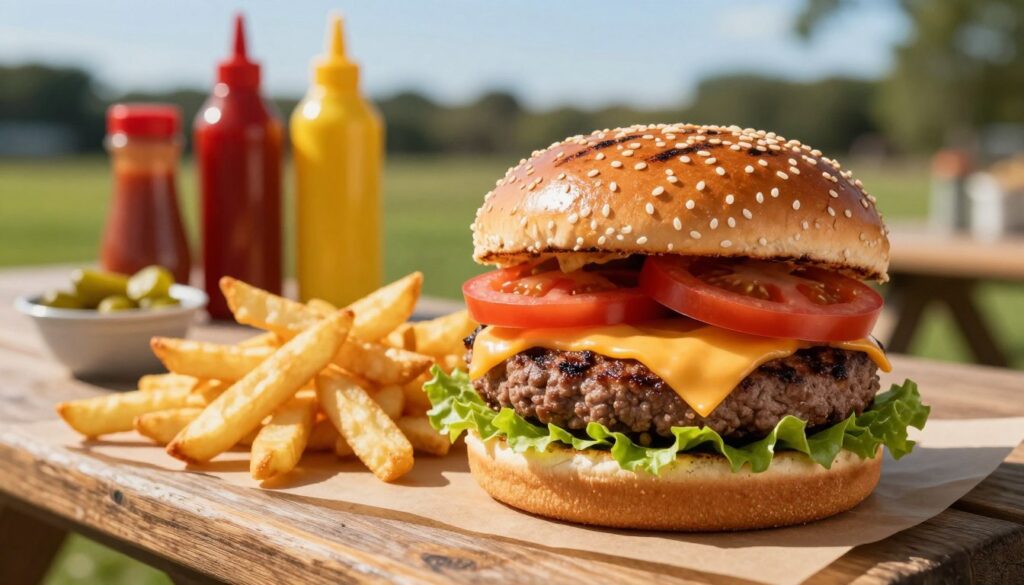 A beautifully arranged scene showcasing a fresh-off-the-grill hamburger. In the foreground, the hamburger is stacked high with a juicy beef patty, melted cheddar cheese, crisp lettuce, ripe tomato slices, and a glossy sesame seed bun, all glistening with a slight sheen of grill marks. A side of golden, crispy French fries sits invitingly next to it. In the middle ground, a stylish wooden picnic table is adorned with condiments in colorful bottles, such as ketchup, mustard, and pickles, adding vibrancy. The background features a sunny outdoor setting with blurred green grass and a bright blue sky, creating a cheerful barbecue atmosphere. The lighting is warm and inviting, enhancing the textures of the food. The angle captures an overhead view, making the dish the obvious focal point, evoking a sense of mouthwatering delight.