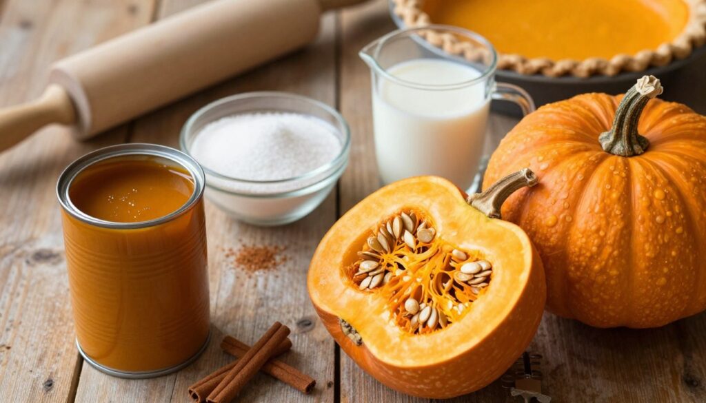 A beautifully arranged scene showcasing canned pumpkin and fresh pumpkin ingredients for homemade pumpkin pie. In the foreground, place an open can of pumpkin puree next to a vibrant, whole fresh pumpkin, cut in half to reveal its rich, orange flesh and seeds. The middle layer features a bowl of sugar and a sprinkle of cinnamon, with a measuring cup of milk nearby, all against a rustic wooden countertop. In the background, hint at essential baking tools like a rolling pin and pie dish subtly blurred. Soft, warm lighting creates a cozy atmosphere, evoking the comfort of fall baking. Capture the image from a slightly elevated angle, giving viewers a clear view of the ingredients while ensuring a warm, inviting mood that inspires pie-making.