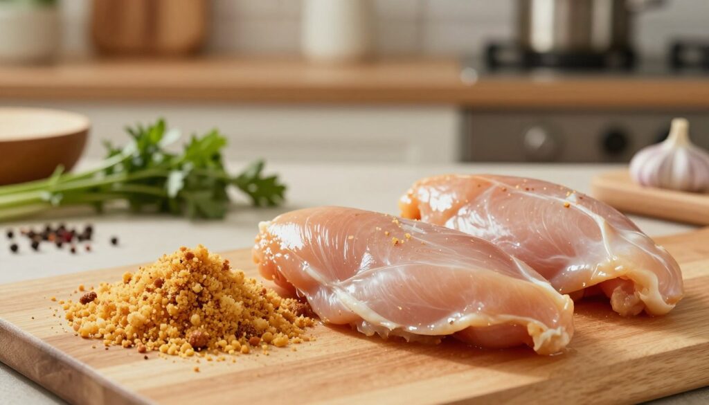 A beautifully arranged scene showcasing fresh chicken breast fillets and panko breadcrumbs, emphasizing their textures and colors. In the foreground, place two uncooked chicken breast fillets, glistening with slight moisture, alongside a generous mound of golden-brown panko breadcrumbs. The middle ground features a scattering of ingredients essential for the dish, such as fresh herbs and spices, creating an inviting cooking atmosphere. In the background, include a softly lit kitchen environment with blurred wooden countertops and tastefully arranged cooking utensils to enhance the culinary theme. Use warm, natural lighting to evoke a homely and appetizing vibe, with a shallow depth of field to focus on the chicken and breadcrumbs, inviting viewers into the process of making a crispy Bang Bang Chicken Sandwich.