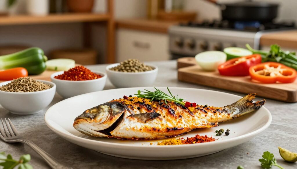 A beautifully arranged scene showcasing grilled fish seasoned with vibrant African spices. In the foreground, a golden-brown fish fillet is plated, garnished with fresh herbs and colorful spices, including turmeric and paprika, creating a visual feast. The middle ground features an array of spices in small bowls, such as cumin, coriander, and chili flakes, alongside chopping boards with sliced vegetables like onions and bell peppers. The background includes a warm, rustic kitchen setting with wooden shelves and a soft-focus view of a grill, giving a sense of preparation. Soft, natural lighting illuminates the scene, creating a cozy and inviting atmosphere. The angle is slightly elevated to capture all elements, emphasizing the preparation process while making the dish the focal point.