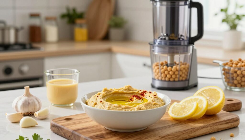 A beautifully arranged scene showcasing the prep steps for making ultra-smooth and creamy hummus. In the foreground, a bowl of vibrant, velvety hummus is elegantly displayed, garnished with a drizzle of golden olive oil and a sprinkle of paprika. Beside it, fresh ingredients like peeled garlic cloves, tahini, and fresh lemon slices are artistically arranged on a rustic wooden cutting board. In the middle ground, a well-equipped kitchen countertop is visible, featuring a high-quality food processor and a measuring cup filled with chickpeas. The background features softly blurred shelves with spices and herbs, adding warmth to the kitchen atmosphere. Soft, natural lighting from a nearby window gently illuminates the scene, creating an inviting and delicious mood that encourages viewers to start their own hummus-making journey.