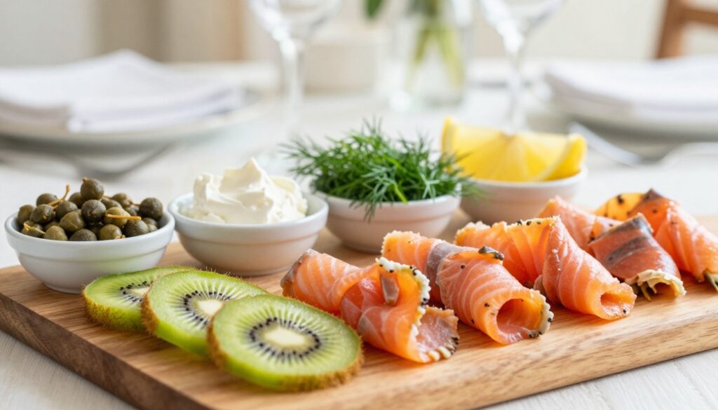 A beautifully arranged seafood appetizer ingredient checklist, featuring fresh kiwi, smoked salmon, and various garnishes. In the foreground, showcase a wooden cutting board with sliced kiwi and delicate ribbons of smoked salmon artfully placed. The middle layer highlights small bowls filled with capers, cream cheese, dill, and lemon wedges, creating a vibrant color contrast. In the background, softly blurred, display an elegant dining setup with fine tableware and a light, airy atmosphere. Use bright, natural lighting to enhance the freshness of the ingredients, evoking a cheerful and inviting mood. The image should have a shallow depth of field, emphasizing the ingredients in the foreground while maintaining a warm, inviting ambiance without any text or overlays.