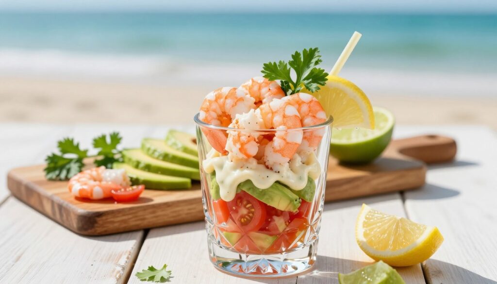 A beautifully arranged seafood cocktail featuring vibrant pink shrimp, succulent crab meat, and colorful garnishes. The foreground displays a crystal-clear glass filled with layers of shrimp, crab, diced tomatoes, fresh avocado, and a drizzle of tangy cocktail sauce. Sprigs of parsley and lemon wedges add a fresh touch. In the middle, a wooden cutting board with additional ingredients like chopped cilantro and lime serves as a subtle accent. The background showcases a soft-focus coastal setting, with hints of turquoise water and sandy beach, evoking a relaxed beachside atmosphere. The lighting is bright and sunny, creating a warm, inviting mood. The image is shot from a slightly elevated angle to capture the details of the cocktail while maintaining a clean composition free from any text or watermarks.
