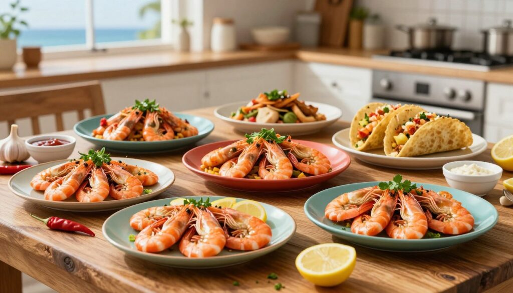 A beautifully arranged seafood table showcasing a variety of shrimp dishes, including shrimp scampi, garlic butter shrimp, and shrimp tacos, each artfully presented on contrasting vibrant colored plates. In the foreground, fresh shrimp garnished with herbs and lemon slices, accompanied by dipping sauces in small bowls. In the middle, a rustic wooden table adorned with fresh ingredients such as garlic, fresh herbs, and chili peppers scattered around. The background features a softly blurred coastal kitchen with natural light streaming in, highlighting the freshness of the seafood. The atmosphere is warm and inviting, evoking a sense of culinary exploration and comfort. The image captures the essence of easy yet delicious shrimp recipes, enticing viewers to dive into seafood cooking.