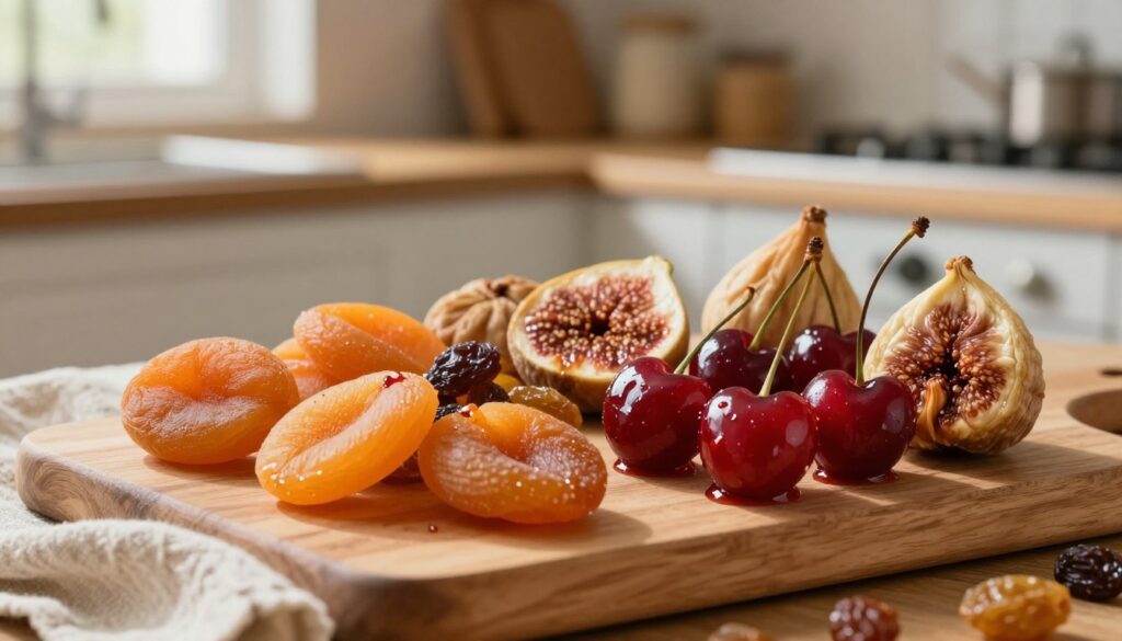 A beautifully arranged selection of dried mixed fruits, including apricots, figs, and raisins, sitting alongside vibrant glacé cherries, glistening with a sugary sheen. In the foreground, a wooden cutting board showcases the ingredients, with a delicate linen cloth subtly peeking from one side. The middle ground features a rustic kitchen with warm lighting, emphasizing the natural colors and textures of the fruits. Soft, diffused sunlight filters through a window in the background, creating a cozy atmosphere. The composition captures a sense of anticipation for baking, inviting viewers to imagine the delectable moist cherry and fruit tea cake that will be created. The mood is warm and inviting, evoking a sense of homely comfort and culinary delight.