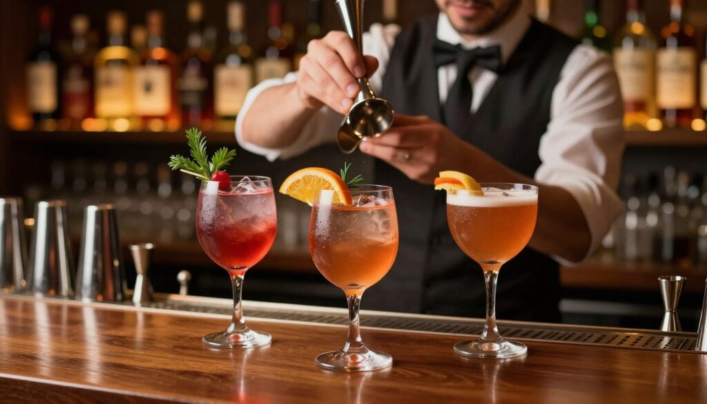 A beautifully arranged selection of flavorful vermouth drinks sits on a polished wooden bar. In the foreground, three elegant glasses showcase vibrant vermouth cocktails, garnished with fresh herbs and citrus slices, reflecting their rich color. In the middle ground, a stylish bartender in a smart casual outfit is gracefully mixing ingredients with a jigger, conveying expertise and passion for cocktails. The background features a softly lit shelf lined with various bottles of vermouth and mixers, creating a warm and inviting atmosphere. The lighting is warm and slightly dim, enhancing the rich colors of the drinks while highlighting the textures of the glasses and ingredients. The overall mood is sophisticated yet approachable, showcasing vermouth as a delightful and versatile choice for cocktails.