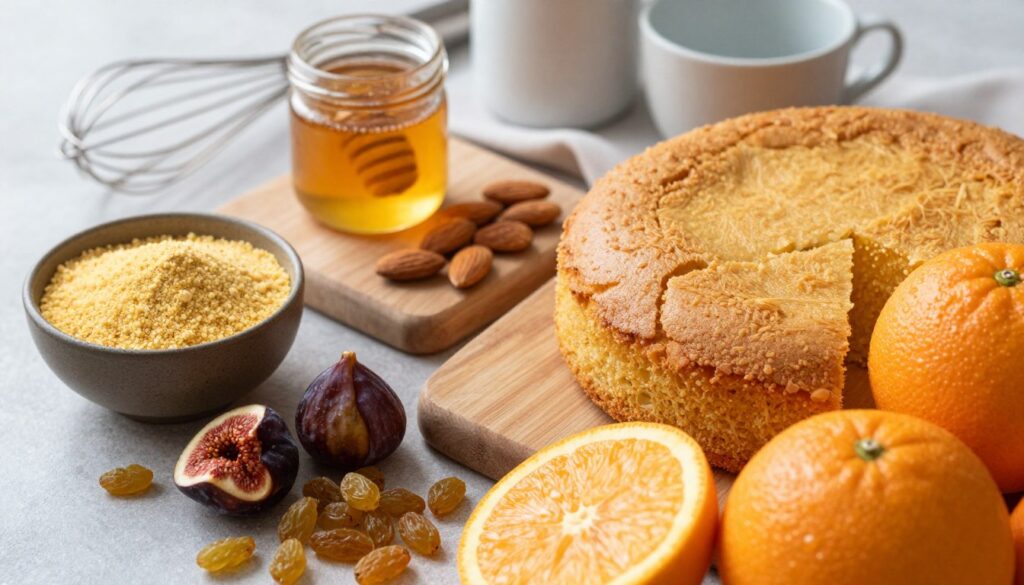 A beautifully arranged selection of fresh ingredients for a semolina cake with orange. In the foreground, vibrant oranges with textured peels, glistening in natural light, alongside a bowl of fine semolina flour. There’s also a scattering of dried fruits such as plump figs and golden raisins, adding warmth to the composition. In the middle, a rustic wooden cutting board holds a small jar of honey and a handful of almonds. In the background, softly blurred kitchen tools like a whisk and measuring cups suggest a cozy baking environment. Soft, warm lighting enhances the colors and invites a homey, inviting atmosphere, emphasizing the freshness and simplicity of the ingredients. The image has a top-down angle, capturing a harmonious arrangement of the essentials for a delicious cake.