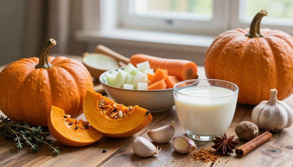 A beautifully arranged selection of ingredients for pumpkin soup, placed on a rustic wooden table. In the foreground, vibrant orange pumpkins are accompanied by fresh thyme, garlic cloves, creamy coconut milk, and a sprinkle of spices like nutmeg and cinnamon. The middle layer features chopped onions and carrots in a small bowl, with a wooden spoon resting beside them. In the background, soft natural light filters through a nearby window, casting gentle shadows and highlighting the textures of the ingredients. The atmosphere is warm and inviting, evoking the comforting feeling of home cooking. Shot with a shallow depth of field to focus on the ingredients, creating a cozy and appetizing scene. No text or logos present.