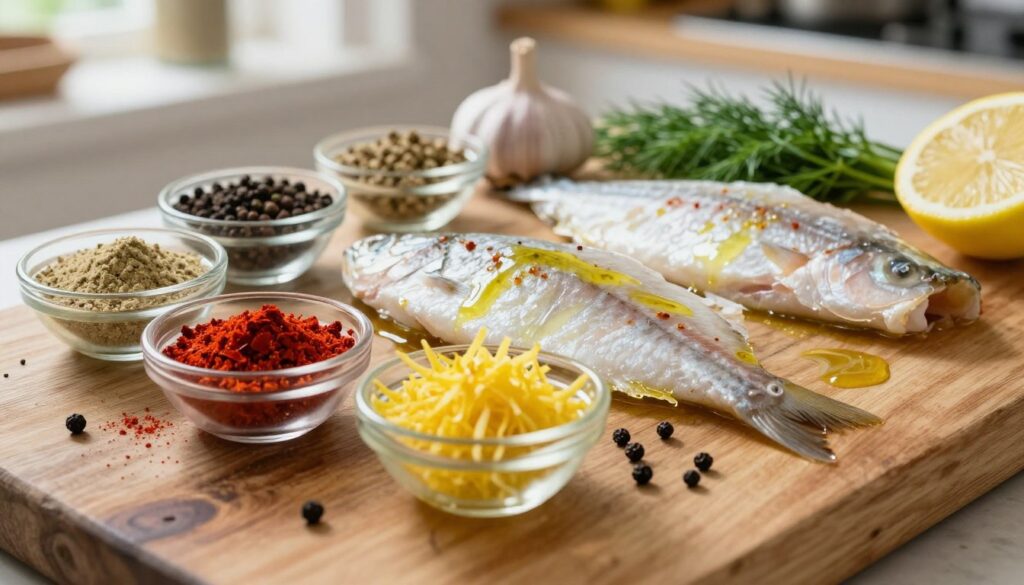 A beautifully arranged selection of spices ideal for seasoning whiting fillets, placed on a rustic wooden surface. In the foreground, vibrant spices such as paprika, lemon zest, garlic powder, dill, and black pepper are displayed in small glass dishes and scattered artfully around them. In the middle, there should be fresh whiting fillets lightly coated with olive oil, ready for seasoning. The background features a softly blurred kitchen setting with natural light streaming in, illuminating the ingredients and creating a warm, inviting atmosphere. The image should evoke a sense of freshness and simplicity, capturing the essence of a flavorful fish fillet recipe. The angle should be slightly elevated, providing a clear view of the spices and fillets without any distractions.