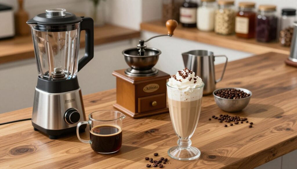 A beautifully arranged setup of barista-style coffee milkshake equipment on a rustic wooden countertop. In the foreground, showcase a sleek stainless-steel blender, a glass measuring cup with fresh coffee, and an elegant glass filled with a whipped cream-topped milkshake garnished with chocolate shavings. In the middle, feature an assortment of essential barista tools such as a coffee grinder, milk frother, and a selection of coffee beans. The background should include shelves with various jars of syrups and toppings, softly blurred to maintain focus on the equipment. Use warm, natural lighting to create a cozy, inviting atmosphere, and capture the image from a slightly elevated angle to provide depth. The overall mood should evoke a sense of artisanal craftsmanship and delicious indulgence.