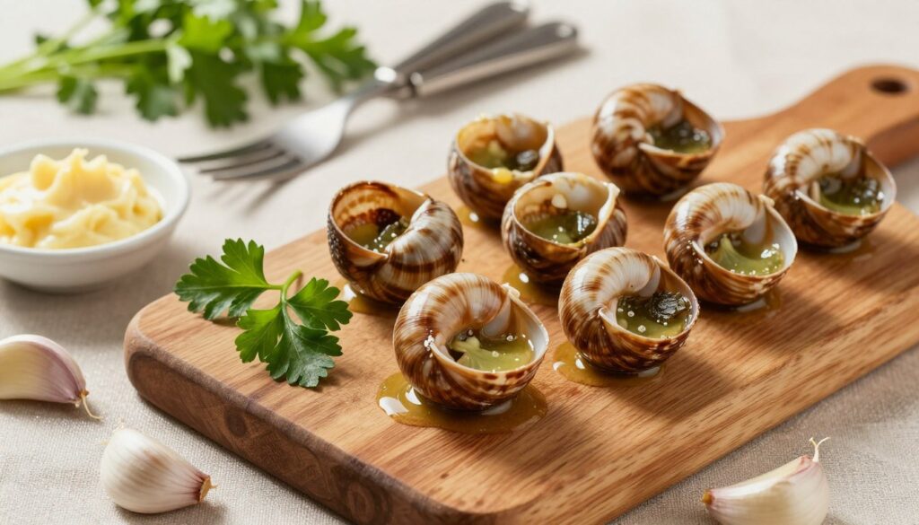 A beautifully arranged setup of fresh escargot snails nestled in their shells, glistening with a rich garlic butter mixture. In the foreground, include a rustic wooden cutting board featuring sprigs of fresh parsley, delicate garlic cloves, and a small dish of creamy garlic butter, emphasizing the ingredients' freshness. In the middle ground, place a soft, shimmering tablecloth to complement the colors of the dish. In the background, subtly include kitchen tools like a snail fork and an option of herbs, blurred for depth. Use soft, warm lighting to create a cozy and inviting atmosphere, with a slight vignette effect to draw attention to the escargot. The focus should be captivating and appetizing, embodying culinary elegance.