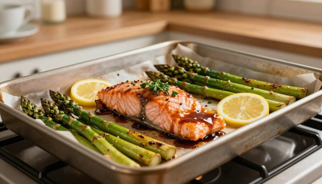 A beautifully arranged sheet pan filled with succulent salmon fillets glazed in a balsamic marinade, garnished with fresh herbs and lemon slices. Surrounding the salmon, vibrant green asparagus spears are perfectly roasted, their tips slightly charred for added flavor. The scene captures the sheet pan baking in a bright, well-lit oven, showcasing the delicious textures of the ingredients. The background features a cozy kitchen ambiance, with warm wood tones and soft-focus kitchenware. The lighting is warm and inviting, highlighting the glossy sheen of the salmon and the fresh color of the asparagus. This image conveys a sense of comfort, home cooking, and culinary delight, aiming to inspire viewers to create their own sheet-pan salmon perfection.