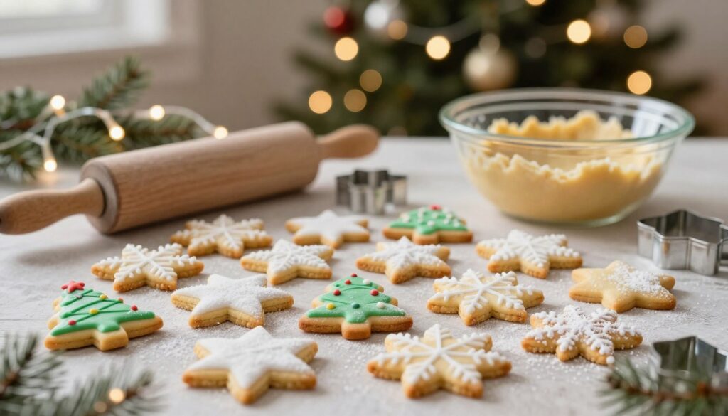 A beautifully arranged spread of buttery shortbread and sugar cookies on a festive table. The foreground features a variety of decorated sugar cookies in traditional Christmas shapes—stars, snowflakes, and Christmas trees—dusted with powdered sugar and colorful icing. In the middle, a rolling pin and cookie cutters lie beside a bowl of cookie dough, emphasizing the baking process. The background is adorned with twinkling fairy lights and a decorated Christmas tree, casting a warm, inviting glow over the scene. Soft, natural lighting enhances the coziness, captured with a shallow depth of field to create a dreamy atmosphere. This image conveys the joy and warmth of holiday baking. A beautifully arranged spread of buttery shortbread and sugar cookies on a festive table. The foreground features a variety of decorated sugar cookies in traditional Christmas shapes—stars, snowflakes, and Christmas trees—dusted with powdered sugar and colorful icing. In the middle, a rolling pin and cookie cutters lie beside a bowl of cookie dough, emphasizing the baking process. The background is adorned with twinkling fairy lights and a decorated Christmas tree, casting a warm, inviting glow over the scene. Soft, natural lighting enhances the coziness, captured with a shallow depth of field to create a dreamy atmosphere. This image conveys the joy and warmth of holiday baking.