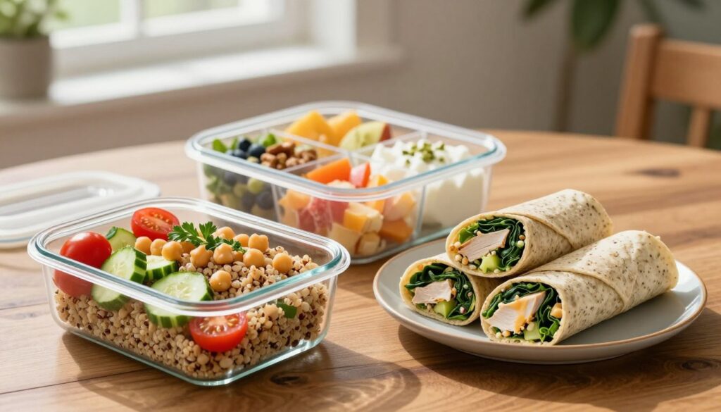 A beautifully arranged spread of cold lunch ideas featuring high-protein, make-ahead meals on a wooden table. In the foreground, a clear glass container holds a vibrant quinoa salad with cherry tomatoes, cucumber, and chickpeas, garnished with fresh herbs. Beside it, neatly rolled whole grain wraps filled with turkey, spinach, and hummus are presented on a light-gray plate. In the middle, a colorful bento box displays a variety of sliced fruits, nuts, and Greek yogurt cups. The background includes soft natural light filtering through a window, casting gentle shadows, creating a warm, inviting atmosphere. Use a shallow depth of field to highlight the food while keeping the background slightly blurred, evoking a sense of peace and preparation for a hassle-free lunchtime.
