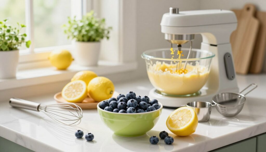 A beautifully arranged spring kitchen scene showcasing essential tools and equipment for preparing a lemon-blueberry pudding cake. In the foreground, a vibrant bowl filled with fresh blueberries and a cut lemon, surrounded by a whisk, measuring cups, and a mixing bowl. Midground features a mixing stand with batter and zest being mixed, along with a set of essential baking tools like spatulas and a sifter. The background is softly blurred, highlighting a sunlit window with fresh herbs and cooking books, creating a warm, inviting atmosphere. Natural light pours in, casting a gentle glow over the scene while reflecting off the kitchen surfaces, evoking a sense of spring freshness and culinary creativity. The overall mood is cheerful and inspiring, perfect for a spring dessert preparation. A beautifully arranged spring kitchen scene showcasing essential tools and equipment for preparing a lemon-blueberry pudding cake. In the foreground, a vibrant bowl filled with fresh blueberries and a cut lemon, surrounded by a whisk, measuring cups, and a mixing bowl. Midground features a mixing stand with batter and zest being mixed, along with a set of essential baking tools like spatulas and a sifter. The background is softly blurred, highlighting a sunlit window with fresh herbs and cooking books, creating a warm, inviting atmosphere. Natural light pours in, casting a gentle glow over the scene while reflecting off the kitchen surfaces, evoking a sense of spring freshness and culinary creativity. The overall mood is cheerful and inspiring, perfect for a spring dessert preparation.