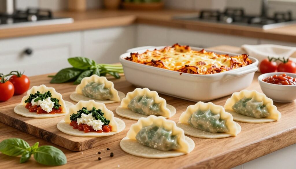 A beautifully arranged step-by-step dumpling lasagna recipe laid out on a rustic wooden kitchen counter. In the foreground, showcase layers of dumpling wrappers filled with savory ingredients, such as ricotta, spinach, and marinara sauce. In the middle, depict a vibrant, baked dumpling lasagna in a ceramic dish, with melted cheese bubbling and golden brown edges. Surrounding it, include fresh herbs, cherry tomatoes, and a small bowl of sauce for garnish. The background features a softly lit kitchen atmosphere, with warm lighting that highlights the textures of the food and creates an inviting mood. Use a shallow depth of field to focus on the dish while blurring the background slightly, enhancing the overall culinary appeal.