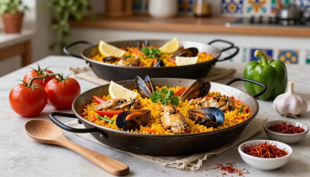 A beautifully arranged table featuring an authentic paella dish as the centerpiece, showcasing vibrant saffron-colored rice dotted with fresh seafood, chicken, and seasonal vegetables. In the foreground, a rustic wooden spoon rests beside a detailed display of essential ingredients: plump tomatoes, green bell peppers, garlic, and a small dish of spices including paprika and saffron. The middle background highlights a traditional paella pan, glistening with delicious garnishes like lemon wedges and parsley. Soft natural light enhances the warmth of the scene, creating an inviting atmosphere. The background features a cozy kitchen setting with a hint of traditional Spanish decor, like colorful tiles and herb pots, to further evoke a sense of home cooking and authenticity.