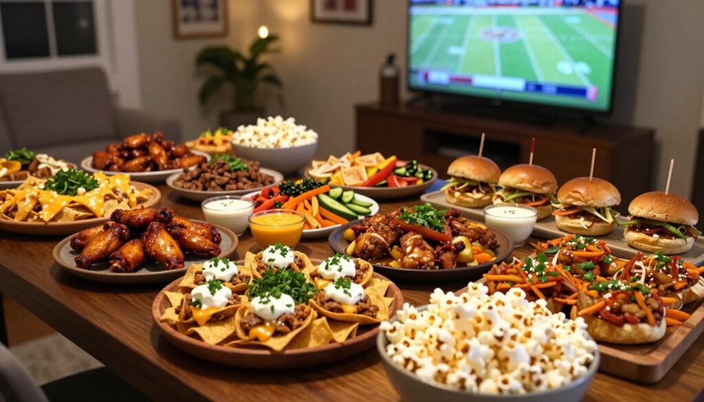 A beautifully arranged table filled with an array of game day appetizers, such as spicy buffalo wings, loaded nachos with melted cheese, crispy potato skins topped with sour cream and chives, vibrant vegetable platters with colorful dips, and mini sliders. The foreground features a large bowl overflowing with popcorn, while the middle ground showcases a vibrant mix of savory dishes elegantly presented on rustic platters, garnished with fresh herbs. In the background, a cozy living room setting with a warm ambiance includes a large screen TV displaying a football game, with soft, warm lighting highlighting the delicious food. The scene conveys excitement and anticipation, perfect for Super Bowl festivities, viewed from a slightly elevated angle to capture the full spread of delectable delights.