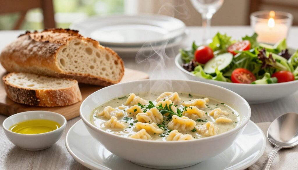 A beautifully arranged table setting featuring a steaming bowl of Italian chicken gnocchi soup as the focal point, surrounded by rustic, freshly baked bread loaves and a colorful garden salad in a white bowl. In the foreground, the soup is garnished with fresh herbs, with steam rising gently, inviting warmth. The middle ground showcases the crusty bread, cut into slices, with a small dish of olive oil for dipping. Nearby, the salad is vibrant with mixed greens, cherry tomatoes, and cucumbers, creating a fresh contrast. In the background, softly blurred dinnerware and a hint of warm candlelight cast a cozy atmosphere. The setting is lit with natural sunlight filtering through a window, emphasizing the inviting, home-cooked feel of an Italian meal.