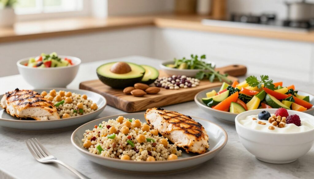 A beautifully arranged table showcasing a variety of protein-packed meals. In the foreground, there are colorful dishes featuring grilled chicken breast, quinoa salad with chickpeas, a vibrant vegetable stir-fry, and a bowl of Greek yogurt topped with nuts and berries. In the middle, a rustic wooden cutting board displays fresh ingredients like avocado, almonds, and legumes, with a hint of herbs for garnish. The background features a softly blurred kitchen setting, with natural light streaming through a window, creating a warm and inviting atmosphere. The mood is energetic and healthy, emphasizing the appeal of nutritious eating and meal prep. The composition should use a slightly overhead angle to capture the assortment of colors and textures, inviting viewers to explore the variety and variety of high-protein foods.