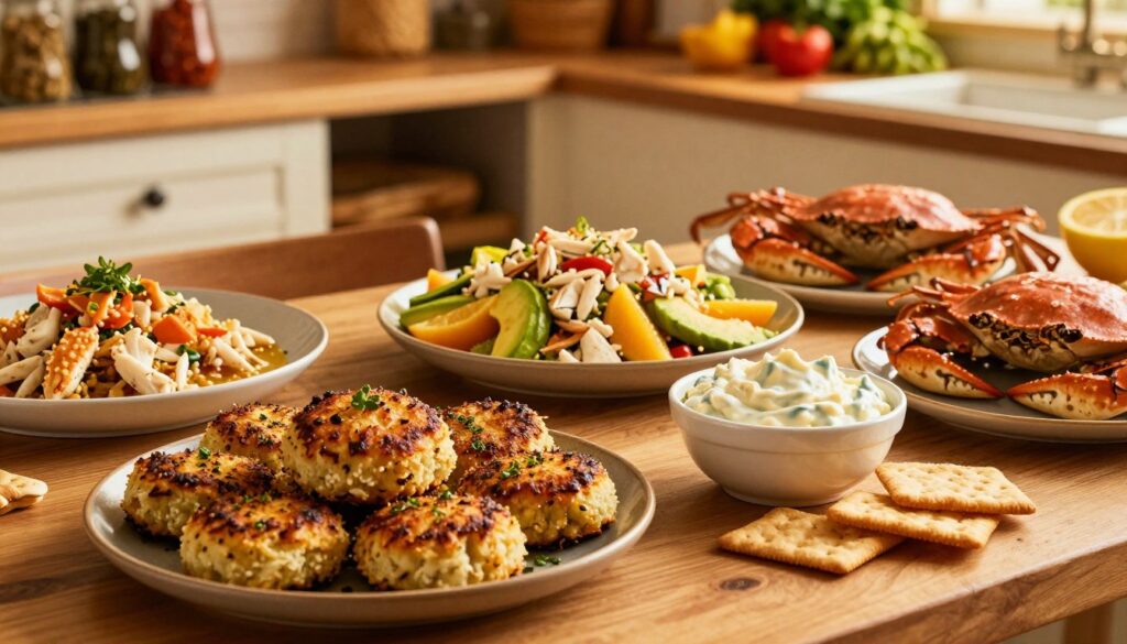 A beautifully arranged table showcasing an array of exquisite crab dishes, with a focus on vibrant presentations. In the foreground, feature a platter of elegantly arranged crab cakes garnished with herbs, next to a bowl of creamy crab dip served with crisp crackers. The middle ground includes a colorful salad with crab meat, avocado, and citrus, all illuminated by warm, golden lighting that enhances the textures. In the background, a rustic kitchen setting with wooden shelves displaying various spices and fresh ingredients to convey a homely atmosphere. The overall mood is inviting and warm, evoking a sense of culinary adventure and the joy of cooking with crab. Capture this scene from a slightly elevated angle to showcase the depth and variety of the dishes.