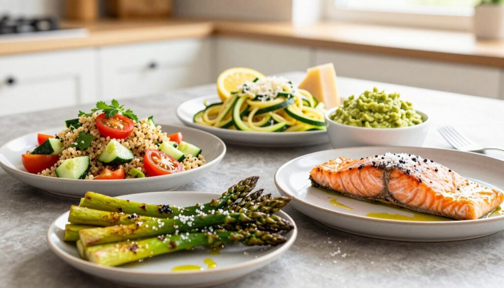 A beautifully arranged table showcasing an array of low-carb sides perfect for accompanying salmon. In the foreground, a plate of vibrant roasted asparagus drizzled with olive oil and sprinkled with sea salt. Next to it, a colorful quinoa salad, featuring chopped cucumbers, cherry tomatoes, and fresh herbs. In the middle, there are sautéed zucchini noodles garnished with parmesan and a lemon slice, alongside a small bowl of creamy avocado dip. The background features a softly lit kitchen setting, with warm natural light filtering through a window, creating an inviting atmosphere. The image should capture the freshness of the ingredients, with a focus on textures and colors, taken from an overhead angle to emphasize the arrangement and aesthetic appeal of the dish.