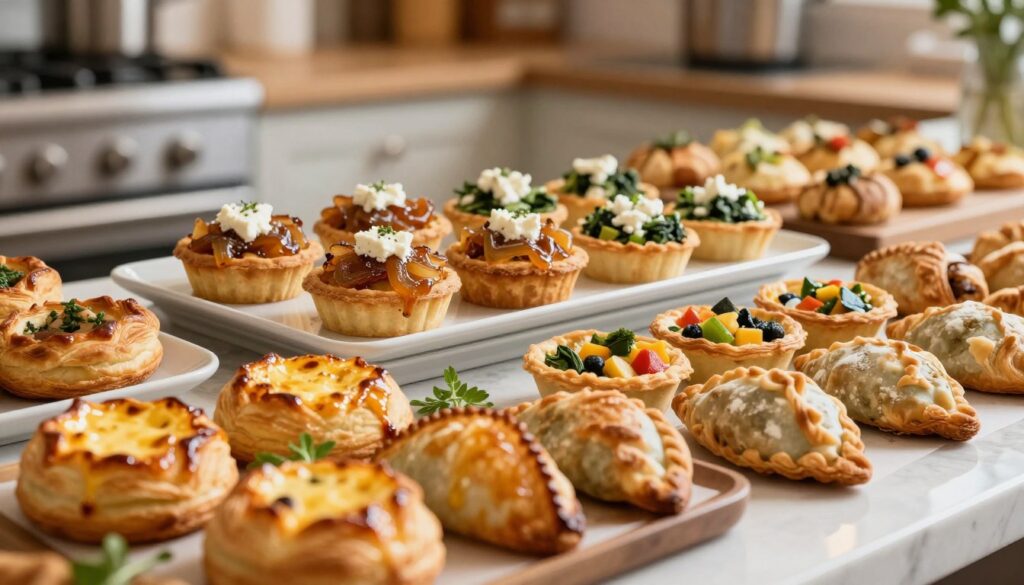 A beautifully arranged table showcasing an array of savory pastry appetizers, featuring a variety of flaky pastries like cheese-filled puff pastry, mini quiches with colorful vegetables, and hand-folded empanadas. In the foreground, a platter with rich golden-brown pastries glistening with a light egg wash, garnished with sprigs of fresh herbs. The middle layer highlights an elegant selection of bite-sized tarts filled with caramelized onions and goat cheese, and savory pinwheels with spinach and feta. The background includes a softly blurred kitchen setting with warm, inviting lighting, reminiscent of a cozy gathering. The scene evokes a warm, appetizing atmosphere perfect for culinary inspiration.