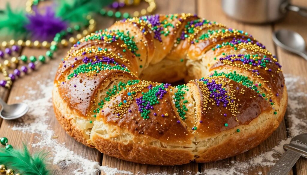 A beautifully arranged traditional king cake dough, showcasing its rich, golden-brown surface adorned with vibrant, multicolored sugars of green, purple, and gold. In the foreground, focus on a smooth, round cake that’s slightly cracked at the top, hinting at its soft, airy texture. The middle features a subtly rustic wooden table, scattered with flour and delicate measuring spoons, suggesting an inviting kitchen atmosphere. In the background, a softly blurred view of Mardi Gras decorations, including beads and feathers, adds context and cultural significance. Warm, natural light bathes the scene, creating a cozy, festive mood. Capture the cake from a slightly elevated angle, emphasizing its inviting shape and festive colors. Ensure an overall inviting and warm aesthetic, perfect for illustrating the tradition of Mardi Gras.