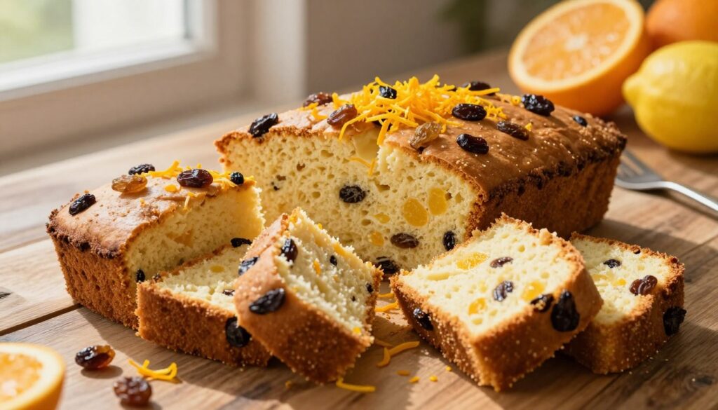 A beautifully arranged traditional semolina cake, showcasing a golden-brown crust, adorned with plump raisins and vibrant orange zest, sitting on a rustic wooden table. The cake is cut into perfect slices, revealing its moist and fluffy interior, with hints of citrus shining through. Soft, natural light filters in from a nearby window, casting gentle shadows that enhance the cake's texture. In the background, blurred citrus fruits like oranges and lemons create a warm and inviting atmosphere, complemented by delicate kitchen utensils. Capture the scene from a slightly elevated angle to emphasize the cake's inviting layers and garnish. The overall mood is cozy and homely, inspiring a sense of comfort and deliciousness perfect for a delightful baking experience.