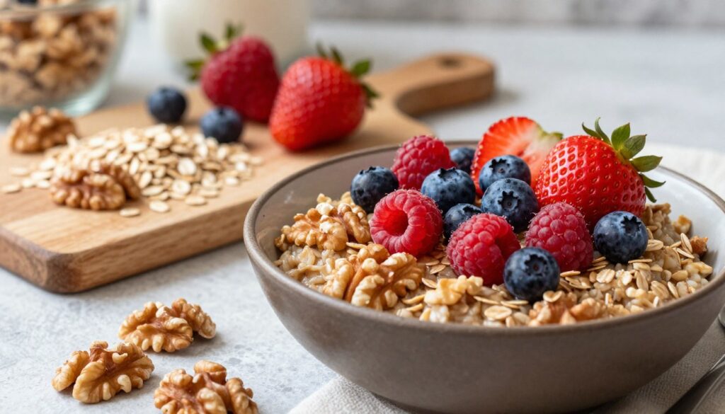 A beautifully arranged walnut oatmeal breakfast dish served in a rustic bowl, topped with an assortment of vibrant mixed berries, including strawberries, blueberries, and raspberries. In the foreground, place a sprinkle of chopped walnuts for texture and nutrition. The middle ground features a wooden cutting board with scattered oatmeal, walnuts, and fresh berries, creating a warm and inviting atmosphere. The background reveals a softly blurred kitchen setting with natural light gently illuminating the scene, enhancing the wholesome feel of a cozy breakfast. Use a shallow depth of field to keep focus on the dish, evoking a rich and appetizing mood.