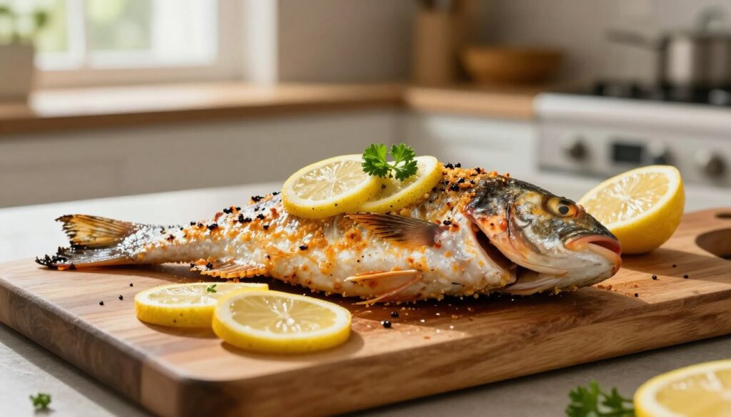 A beautifully arranged whole snapper, glistening with a golden crust, placed on a rustic wooden cutting board. The fish is garnished with slices of fresh lemon and sprigs of parsley, creating an inviting presentation. In the background, a subtle glimpse of a sunny kitchen with soft, natural light filtering through a window, illuminating the cooking environment. The warmth of the scene evokes a cozy, home-cooked feel, emphasizing the deliciousness of the baked snapper. The focus is sharp on the fish, with a slight bokeh effect on the kitchen scenery. The mood is warm and inviting, perfect for a culinary guide. Overall, the image captures the essence of baking whole snapper, showcasing its appeal to those eager to learn about cooking techniques and temperatures.