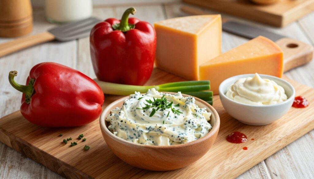 A beautifully arranged wooden cutting board showcasing the essential ingredients for authentic Southern pimiento cheese spread. In the foreground, a bowl of creamy pimiento cheese, garnished with fresh herbs. Surrounding it, vibrant red pimentos, blocks of sharp cheddar cheese, and a small dish of mayonnaise, each vividly colored. In the middle, a bright green scallion and a few dashes of hot sauce add complexity. The background features a rustic kitchen setting with warm, natural lighting casting soft shadows, creating a cozy atmosphere. A few kitchen utensils, like a spatula and a wooden spoon, can be subtly included to enhance the culinary theme. The image evokes a sense of home-cooked comfort and Southern charm.
