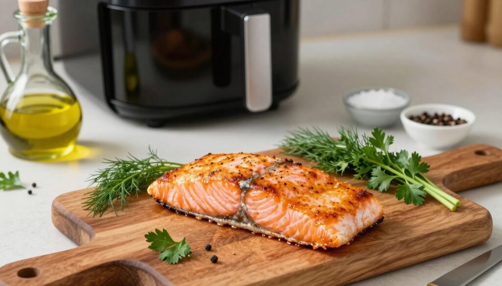 A beautifully cooked piece of salmon with perfectly crispy skin sits on a rustic wooden cutting board, surrounded by fresh herbs like dill and parsley. The salmon's golden-brown exterior glistens under warm, natural lighting, highlighting its flaky texture. In the background, an air fryer sits on a sleek kitchen countertop, demonstrating the cooking method used. To the side, there are step-by-step ingredients displayed neatly: olive oil, salt, and pepper in small bowls. The scene captures a warm, inviting atmosphere, emphasizing the ease and deliciousness of preparing crispy salmon. The perspective is slightly angled to provide depth, and the focus is sharp on the salmon while keeping the background slightly blurred to enhance the subject.