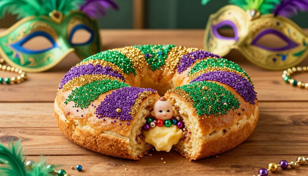A beautifully decorated New Orleans King Cake rests on a warm wooden table in the foreground, showcasing its vibrant purple, green, and gold sugar toppings glimmering under soft, diffused lighting. The cake, round and slightly oval, reveals a golden-brown crust and a filling that hints at cinnamon and cream cheese. In the middle, colorful beads and a small hidden baby figurine peek out from the cake, adding a playful touch. In the background, softly blurred Mardi Gras decorations, like colorful masks and feathers, create a festive atmosphere, enhancing the celebratory mood. The angle captures the cake slightly from above, focusing on its intricate details and textures, inviting the viewer into the joyous spirit of Mardi Gras.
