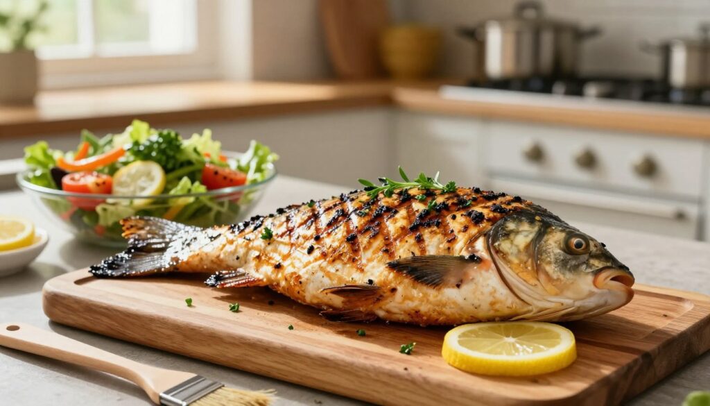 A beautifully grilled carp placed on a wooden cutting board, garnished with fresh herbs and lemon slices. The carp is charred to perfection with grill marks visible, symbolizing a delicious homemade meal. In the foreground, there’s a set of tongs and a basting brush, hinting at the grilling process. The middle ground features a vibrant, fresh vegetable salad, colorful and appealing, complementing the fish. In the background, a rustic kitchen setting with softly blurred cookware and a warm, inviting atmosphere illuminated by natural light streaming through a window. The image is shot from a slightly elevated angle, creating a cozy, approachable mood that suggests the simplicity of the recipe, perfect for beginners.