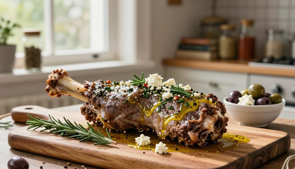 A beautifully marinated leg of lamb, showcased in a rustic kitchen setting. In the foreground, the leg of lamb is placed on a wooden cutting board, its surface glistening with a rich marinade of olive oil, garlic, fresh herbs, crumbled feta, and olives. A sprig of rosemary rests nearby, while a small bowl of olives and feta sits to the side. In the middle ground, soft natural light streams in from a nearby window, highlighting the vibrant colors of the ingredients. The background features shelves filled with spices and cookbooks, enhancing the cozy culinary atmosphere. The scene conveys a warm, inviting mood, perfect for a cooking article, with a focus on preparation and fresh ingredients. A beautifully marinated leg of lamb, showcased in a rustic kitchen setting. In the foreground, the leg of lamb is placed on a wooden cutting board, its surface glistening with a rich marinade of olive oil, garlic, fresh herbs, crumbled feta, and olives. A sprig of rosemary rests nearby, while a small bowl of olives and feta sits to the side. In the middle ground, soft natural light streams in from a nearby window, highlighting the vibrant colors of the ingredients. The background features shelves filled with spices and cookbooks, enhancing the cozy culinary atmosphere. The scene conveys a warm, inviting mood, perfect for a cooking article, with a focus on preparation and fresh ingredients.