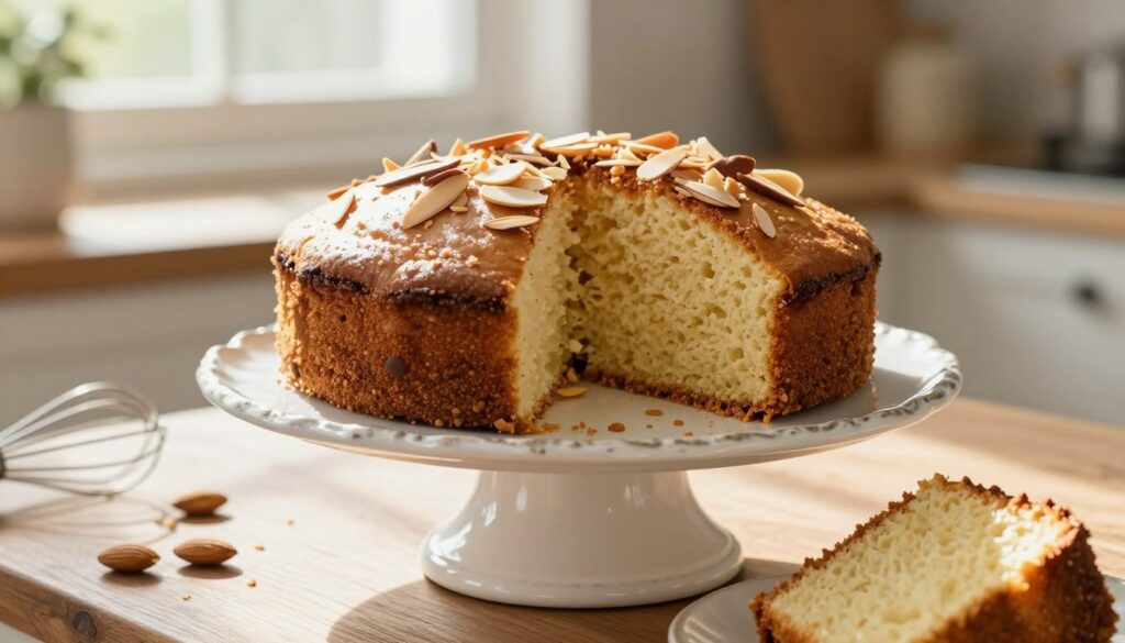 A beautifully moist almond flour cake sits elegantly on a vintage, white porcelain cake stand, showcasing its perfectly textured surface with a golden-brown crust and soft, airy crumb. The cake is adorned with delicate toasted almond slivers sprinkled on top, adding a hint of crunch. In the foreground, a slice of cake reveals its moist, fluffy interior, gently illuminated by soft, natural sunlight streaming from a nearby window. The background features a rustic wooden kitchen counter, with a few scattered almonds and a small whisk, conveying a warm and inviting atmosphere. Capture this scene from a slightly elevated angle, focusing on the cake’s details while maintaining a soft bokeh effect in the background for a dreamy, homely feel.