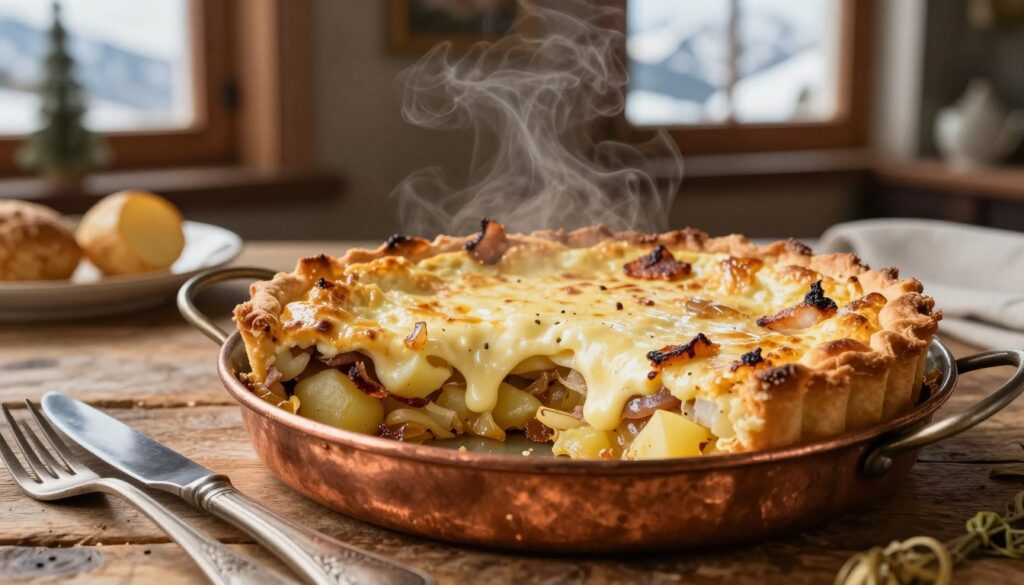 A beautifully plated Savoyard tartiflette, showcasing layers of creamy Reblochon cheese melting over tender potatoes, caramelized onions, and crispy lardons. In the foreground, a rustic wooden table enhances the dish's authenticity, with a decorative knife and fork set beside the plate. In the middle, a copper baking dish holds an appetizing portion of the tartiflette, steam rising from the golden crust, inviting the viewer closer. In the background, subtle hints of rustic alpine decor, such as a window with a view of snow-capped mountains, create a warm, homely atmosphere. Soft, warm lighting enhances the inviting texture of the cheese and potatoes, with a slight focus on the tartiflette to evoke a sense of culinary warmth and comfort. A beautifully plated Savoyard tartiflette, showcasing layers of creamy Reblochon cheese melting over tender potatoes, caramelized onions, and crispy lardons. In the foreground, a rustic wooden table enhances the dish's authenticity, with a decorative knife and fork set beside the plate. In the middle, a copper baking dish holds an appetizing portion of the tartiflette, steam rising from the golden crust, inviting the viewer closer. In the background, subtle hints of rustic alpine decor, such as a window with a view of snow-capped mountains, create a warm, homely atmosphere. Soft, warm lighting enhances the inviting texture of the cheese and potatoes, with a slight focus on the tartiflette to evoke a sense of culinary warmth and comfort.