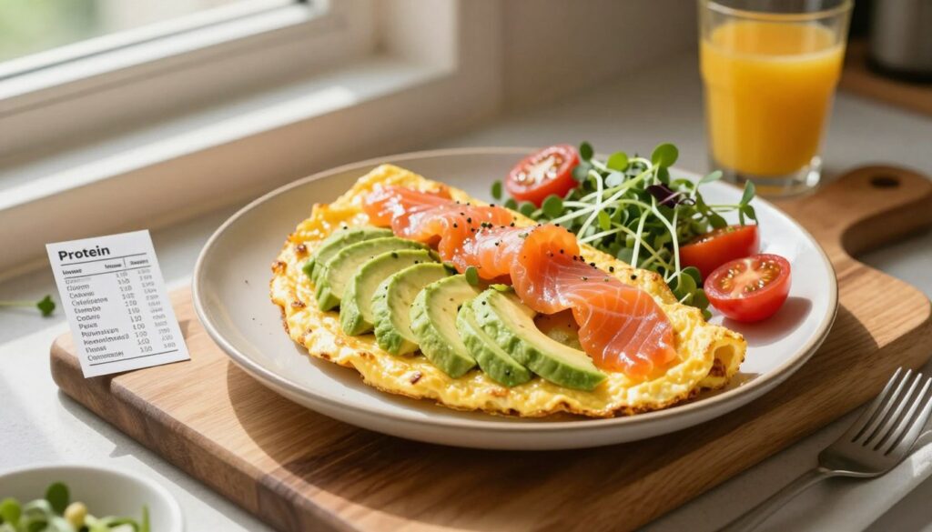 A beautifully plated avocado and smoked salmon omelet takes center stage, showcasing its rich green avocado slices and vibrant orange salmon against a golden, fluffy egg base. Surrounding the omelet are a sprinkle of microgreens and cherry tomatoes, adding bursts of color. In the foreground, a wooden cutting board holds a small bowl with a nutritional breakdown, detailing protein content, calories, and other essential nutrients. Soft, natural light streams in from a window, highlighting the textures of the food and casting gentle shadows. The background features a cozy kitchen scene with subtle hints of herbs and a glass of fresh juice, creating a warm and inviting atmosphere. The angle is slightly overhead, drawing the viewer into the enticing breakfast display without any text or distractions.
