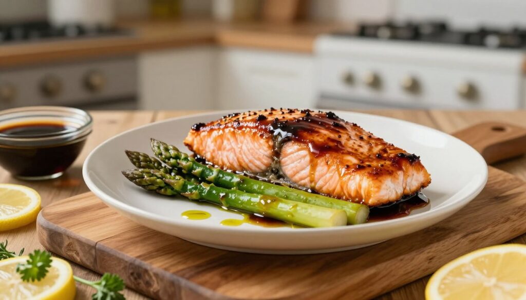 A beautifully plated balsamic glazed salmon fillet, glistening with a rich, dark glaze, sits on a rustic wooden table. The salmon, perfectly cooked with a slightly crispy skin, is surrounded by vibrant green asparagus spears, lightly drizzled with olive oil. The foreground features a wooden cutting board with fresh herbs, sliced lemons, and a small bowl of balsamic glaze. In the background, a softly blurred kitchen setting with warm, natural light highlights the scene, creating a cozy atmosphere. The angle of the shot is slightly above the plate, capturing the luscious texture of the glaze. The mood is inviting and appetizing, perfect for inspiring home cooks to create this delicious meal.