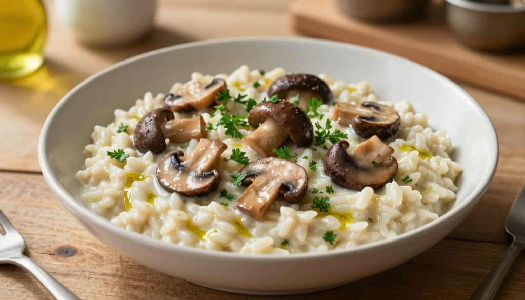 A beautifully plated bowl of creamy vegan mushroom risotto, showcasing a variety of colorful mixed mushrooms like shiitake, cremini, and oyster. The risotto is thick and creamy, with vibrant green parsley sprinkled on top, glistening with a touch of olive oil. Set on a rustic wooden table, the background features softly blurred kitchen elements, hinting at a warm and inviting atmosphere. Natural sunlight streams in, casting a delicate glow over the dish, enhancing its rich textures. The image captures an angle slightly above eye level, emphasizing the risotto's creamy consistency and highlighting the delicious array of mushrooms, creating a sense of warmth and comfort that exemplifies vegan cuisine without dairy. A beautifully plated bowl of creamy vegan mushroom risotto, showcasing a variety of colorful mixed mushrooms like shiitake, cremini, and oyster. The risotto is thick and creamy, with vibrant green parsley sprinkled on top, glistening with a touch of olive oil. Set on a rustic wooden table, the background features softly blurred kitchen elements, hinting at a warm and inviting atmosphere. Natural sunlight streams in, casting a delicate glow over the dish, enhancing its rich textures. The image captures an angle slightly above eye level, emphasizing the risotto's creamy consistency and highlighting the delicious array of mushrooms, creating a sense of warmth and comfort that exemplifies vegan cuisine without dairy.
