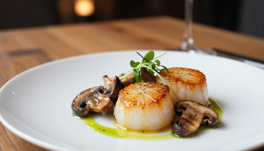 A beautifully plated dish of Michelin-style pan-fried scallops sits elegantly in the foreground, their golden crust glistening with a light drizzle of herb-infused oil. Surrounding the scallops are delicate slices of sautéed porcini mushrooms, their earthy tones enhanced by a sprinkle of fresh microgreens. The middle ground features a softly blurred, rustic wooden table, offering a warm, inviting contrast. In the background, a subtle glow of soft, ambient lighting casts a gentle illumination, hinting at a cozy, upscale dining environment. The scene captures a refined culinary experience, evoking excitement and sophistication, all while emphasizing the harmony between scallops and porcini mushrooms, highlighted by an artful arrangement. The image is devoid of any text, watermarks, or distractions, showcasing the dish in a clean, professional composition.