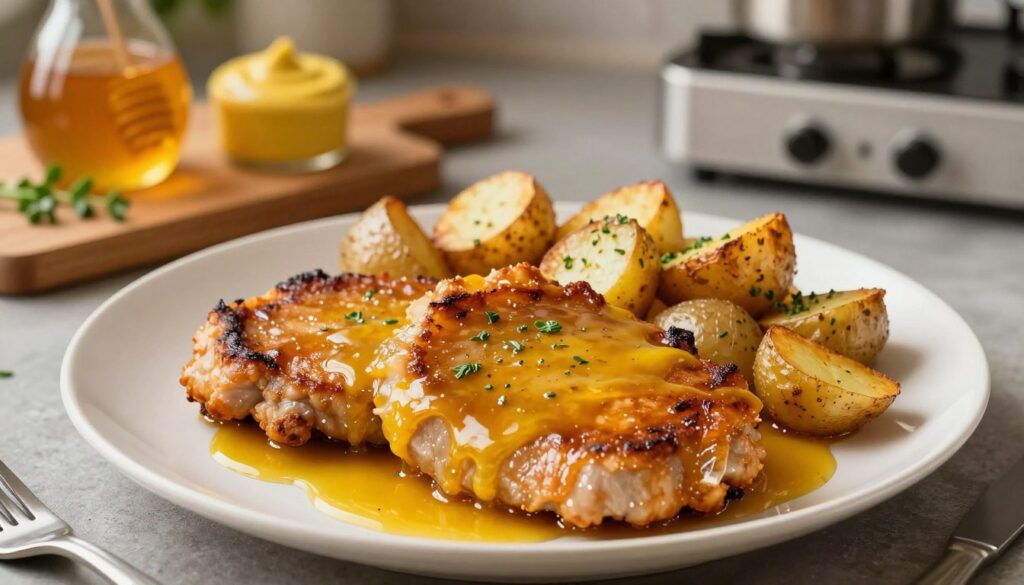 A beautifully plated dish of baked honey mustard pork chops, golden brown and glistening from the glaze, sits prominently in the foreground. Each chop is expertly coated with a rich honey mustard sauce, showcasing a burst of yellow and amber hues. Surrounding the chops, crispy roasted potatoes are perfectly golden, with a sprinkle of fresh herbs adding vibrant green accents. In the background, a cozy kitchen setting is softly illuminated by warm, ambient lighting, highlighting the textures of the meal. A wooden cutting board and fresh ingredients like honey, mustard, and herbs subtly fade into the background, creating an inviting atmosphere. The composition should be shot from a slightly elevated angle to capture the details of the dish while maintaining a sense of warmth and comfort, suitable for a home-cooked meal setting.