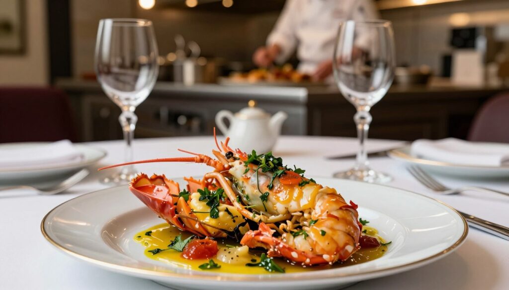 A beautifully plated dish of langoustines à l'Américaine showcased as the centerpiece. In the foreground, the langoustines are garnished with vibrant herbs and a rich, flavorful sauce, glistening in the light. The middle ground features a sophisticated backdrop of a well-set dining table with elegant tableware, including fine china and crystal glasses, suggesting an upscale French dining experience. In the background, a softly blurred kitchen scene with warm ambient lighting, hinting at a cook in a chef's jacket preparing additional dishes, adds depth to the image. The overall atmosphere is inviting and refined, evoking a sense of gourmet culinary artistry. Soft, natural lighting enhances the colors and textures, creating an appetizing and elegant mood.