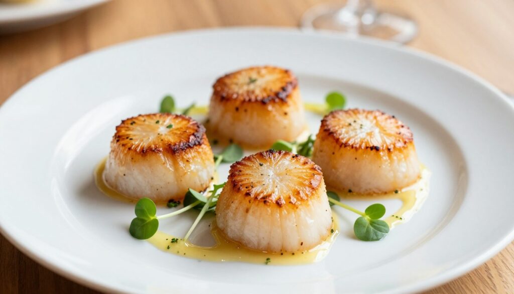 A beautifully plated dish of pan-seared scallops arranged artistically on a pristine white plate. The scallops exhibit a golden-brown crust, highlighting their crispy texture, surrounded by a delicate drizzle of light lemon butter sauce. Scattered microgreens and a sprinkle of fresh herbs add vibrant pops of green around the scallops. The foreground focuses on the scallops, showcasing their glistening surface and fine details. In the middle ground, a subtle wooden table complements the dish, while the background is softly blurred to keep the focus on the scallops. Warm, natural light illuminates the scene, creating an inviting and mouth-watering atmosphere. The image conveys a sense of elegance and simplicity, perfect for a gourmet recipe presentation.