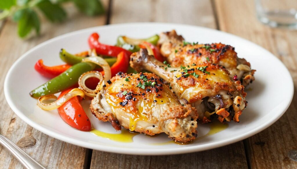 A beautifully plated dish of perfectly roasted chicken tenders, golden brown and crispy, garnished with vibrant, sautéed bell peppers and sweet onions. In the foreground, the tenders glisten with a light drizzle of olive oil and a sprinkle of fresh herbs. The middle ground features the colorful peppers and onions, caramelized to perfection, adding a burst of color and texture. The background is softly blurred, showcasing a rustic wooden table setting with a hint of fresh greenery, enhancing the warm and inviting atmosphere. Soft, natural lighting illuminates the scene, casting gentle highlights and shadows, creating an appetizing and cozy mood. The image should entice the viewer's senses, making the dish look irresistible and ready to be enjoyed.