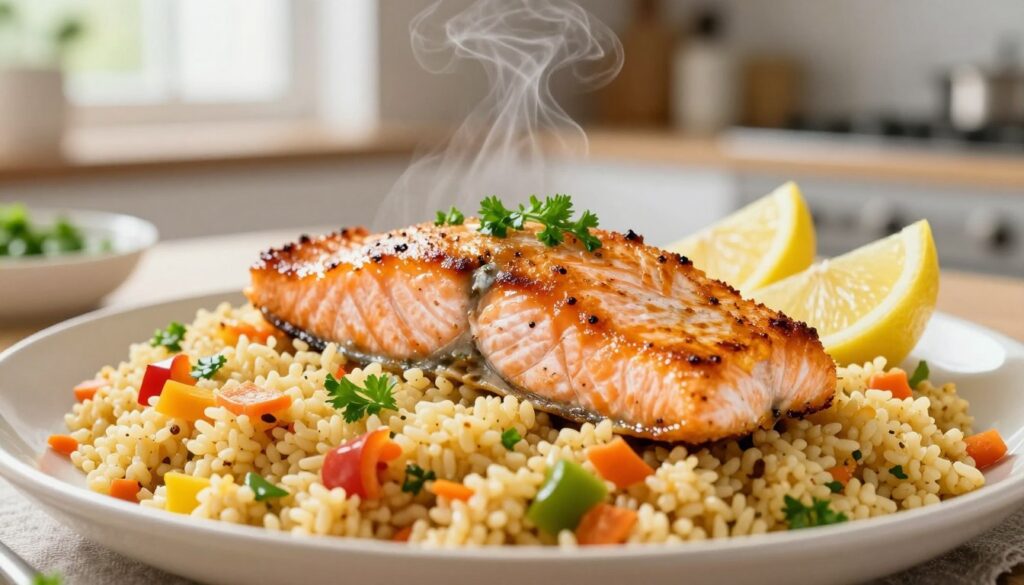 A beautifully plated dish of spiced couscous topped with perfectly cooked salmon fillets, glistening golden brown, garnished with a sprinkle of fresh parsley and lemon wedges. In the foreground, showcase the vibrant texture of the couscous, with hints of colorful vegetables, such as bell peppers and carrots, delicately mixed in. The middle ground should feature the salmon, boasting a crispy crust, as steam rises gently from the dish, suggesting warmth and freshness. In the background, a softly blurred kitchen setting with natural light filtering through a window, illuminating the dish, creating an inviting and cozy atmosphere. Capture the scene from a slightly elevated angle to highlight the intricate details of the meal without distractions, ensuring no text or watermarks are present.