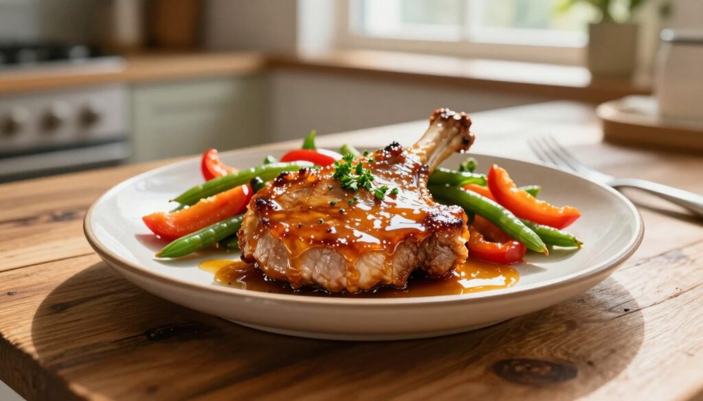 A beautifully plated honey garlic pork chop, glistening with a rich, caramelized glaze. The pork chop should appear succulent and juicy, garnished with fresh herbs like parsley. Surrounding the pork, there’s a colorful medley of sautéed vegetables, such as bell peppers and green beans, adding vibrancy to the dish. The foreground features a rustic wooden table, enhancing the home-cooked feel. In the middle ground, a stylish ceramic plate showcases the dish, with natural sunlight streaming in from a nearby window, creating a warm and inviting atmosphere. Subtle reflections on the plate highlight the glaze’s shine. The background includes a softly blurred kitchen setting, giving the impression of a cozy home environment. Overall, the mood is warm and appetizing, perfect for enticing readers to try the recipe. A beautifully plated honey garlic pork chop, glistening with a rich, caramelized glaze. The pork chop should appear succulent and juicy, garnished with fresh herbs like parsley. Surrounding the pork, there’s a colorful medley of sautéed vegetables, such as bell peppers and green beans, adding vibrancy to the dish. The foreground features a rustic wooden table, enhancing the home-cooked feel. In the middle ground, a stylish ceramic plate showcases the dish, with natural sunlight streaming in from a nearby window, creating a warm and inviting atmosphere. Subtle reflections on the plate highlight the glaze’s shine. The background includes a softly blurred kitchen setting, giving the impression of a cozy home environment. Overall, the mood is warm and appetizing, perfect for enticing readers to try the recipe.